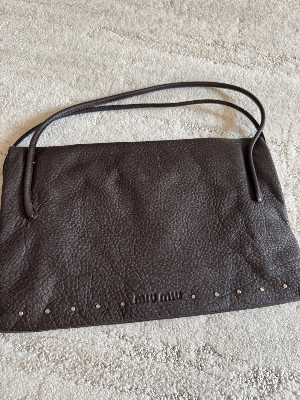 Miu Miu Chocolate Brown Pebbled Leather Shoulder Bag with Studs - Picture 2 of 8